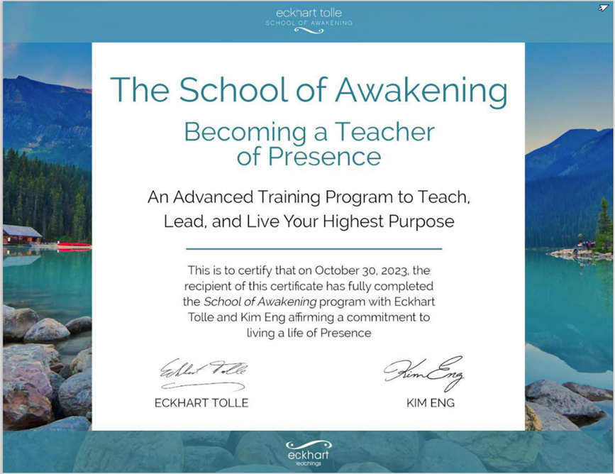 Eckhart Tolle - School of Awakening certifikat